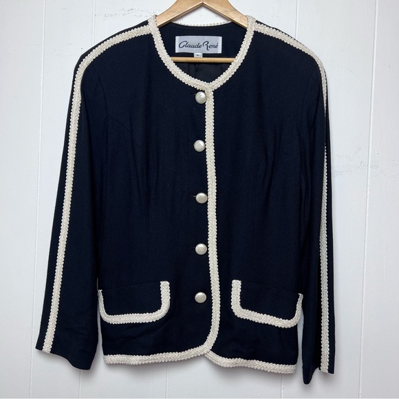 Vintage 80s Black & Cream Braid Pearl Button Cropped Jacket Women’s Size Large - Picture 7 of 12